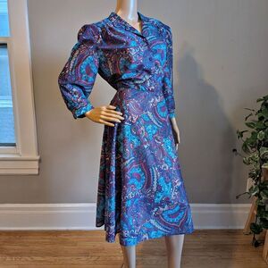 Vintage 80s California Looks Paisley Print Midi Dress Collared Whimsygoth 12